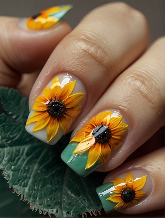 20 Fall Sunflower Nail Ideas for 2024: Acrylic, Short, Burgundy, and Almond Designs