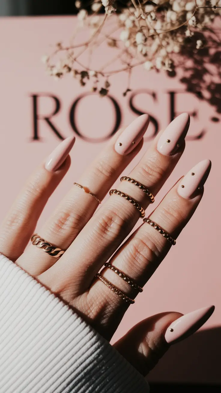 june nail colors almond Minimalist Nude with Gold Dot Charm