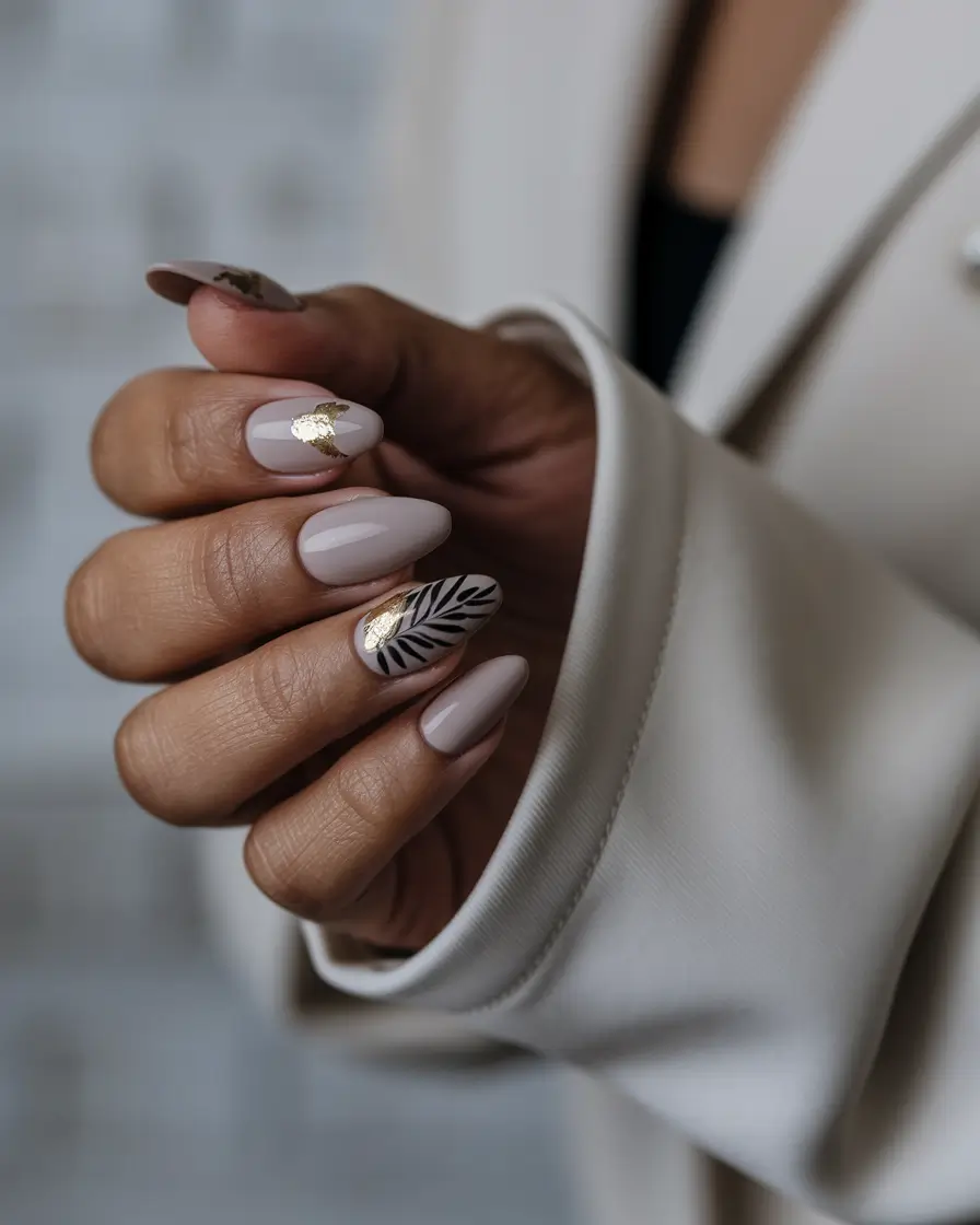 june nail color palette Elegant Taupe with Botanical Foil Art