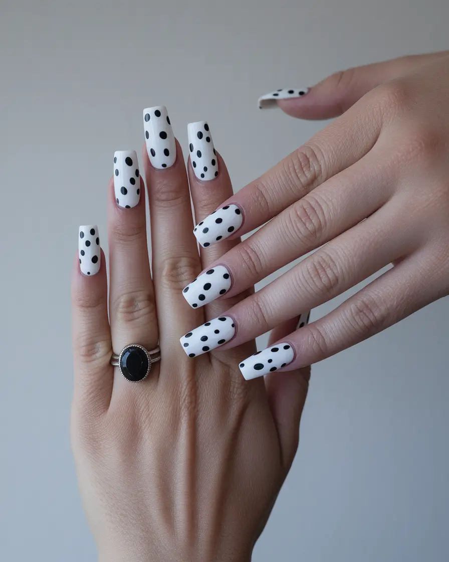 june nail color ideas Classic White with Bold Black Polka Dots