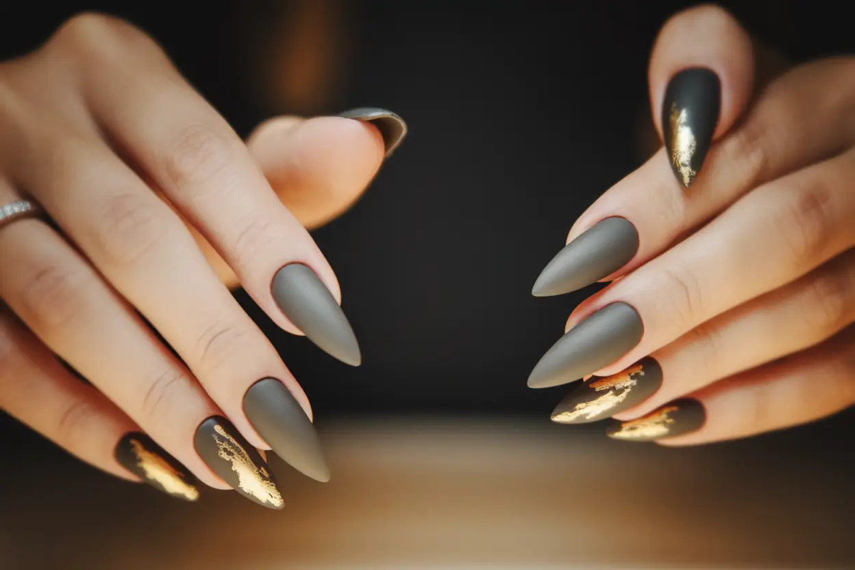 june nail colors Matte Charcoal With Gold Foil Drama