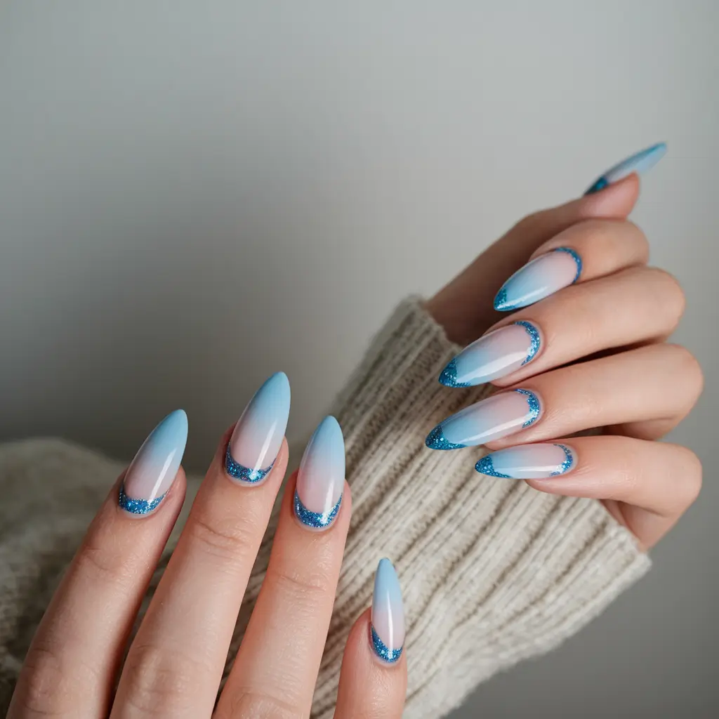 june nail colors Ombre Blue With Sparkle French Tips