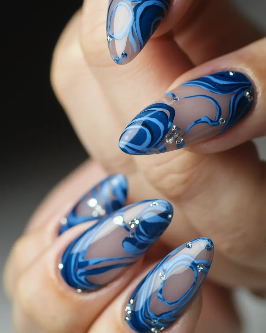 june nails Bright Blue French with Checker Accent