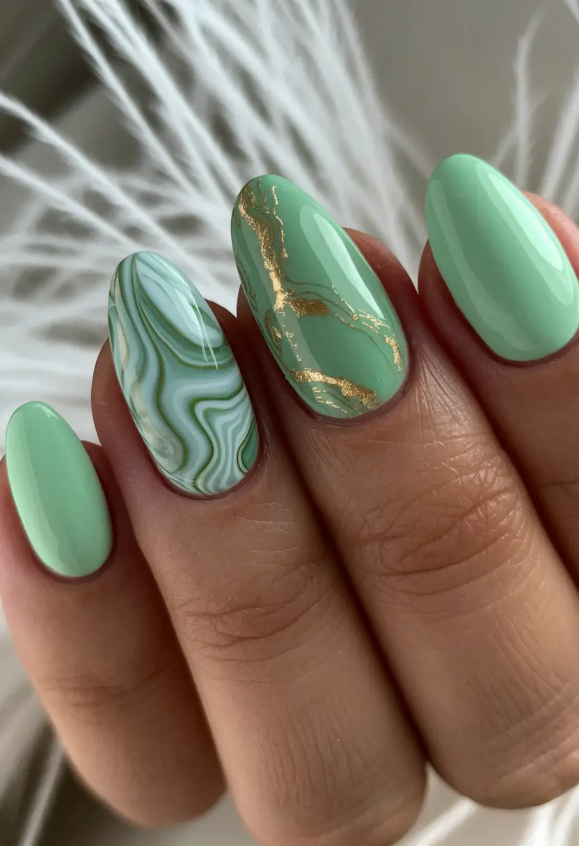 june nails Green Marble Luxe with Golden Veins