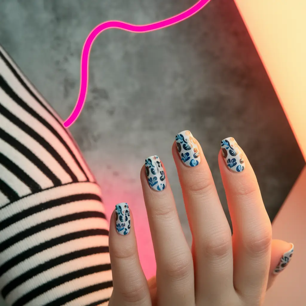 june nails Modern Blue & Cream Botanicals