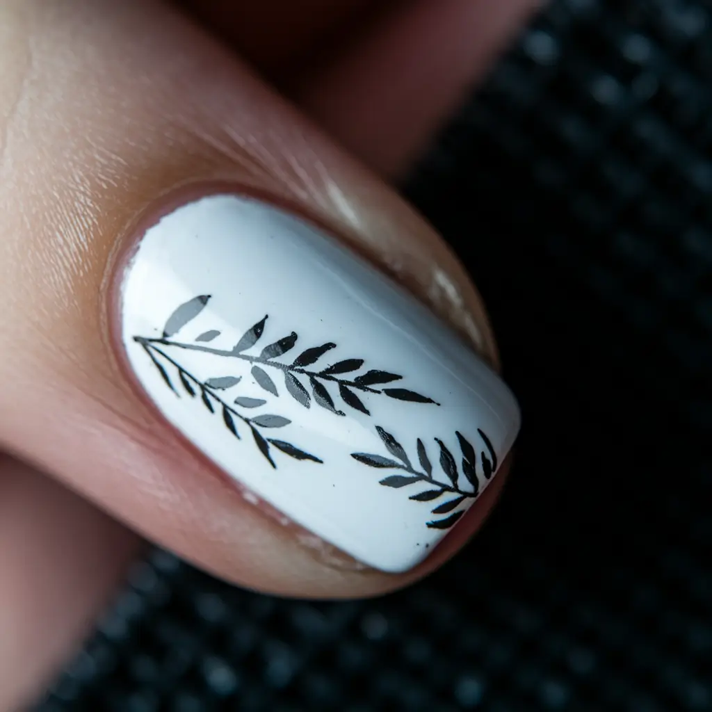 june nails Black Leaf on White: Minimal and Bold