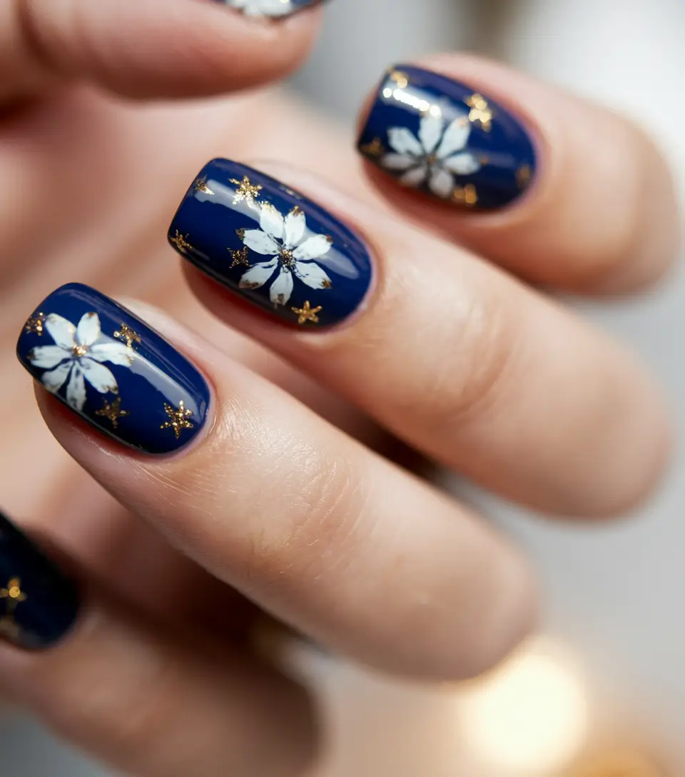 june nails Navy Florals with Golden Dust