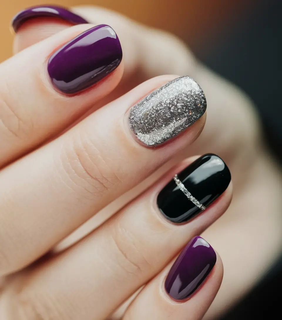 short nail inspo summer Electric Plum and Silver Sparkle