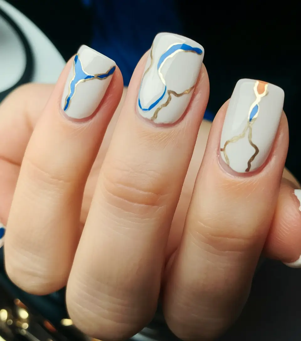 short nail inspo summer Abstract Metallic Veins on Nude Canvas