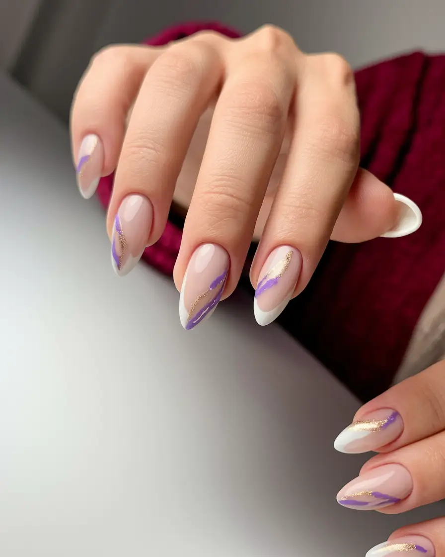 short nail inspo summer Purple Swirl French With Gold Dust Detail
