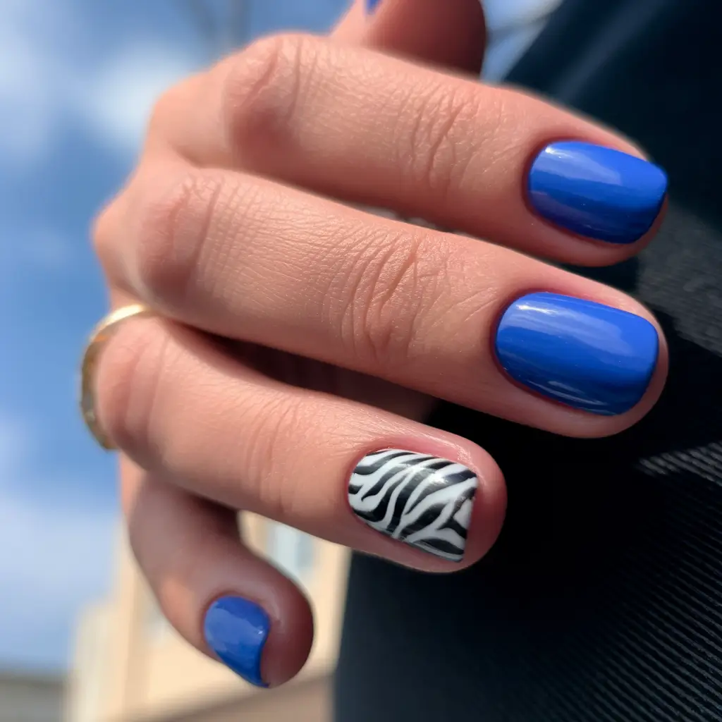 short nail inspo summer Bold Blue Meets Graphic Zebra