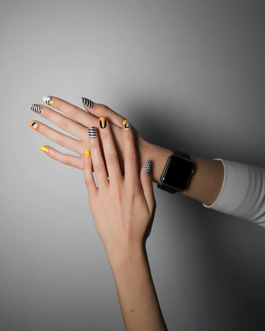 short nail inspo summer Modern Abstract Stripes with a Pop of Yellow