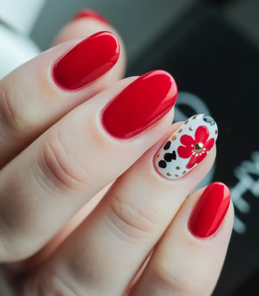 short nail inspo summer Red Gloss Meets Playful Bloom