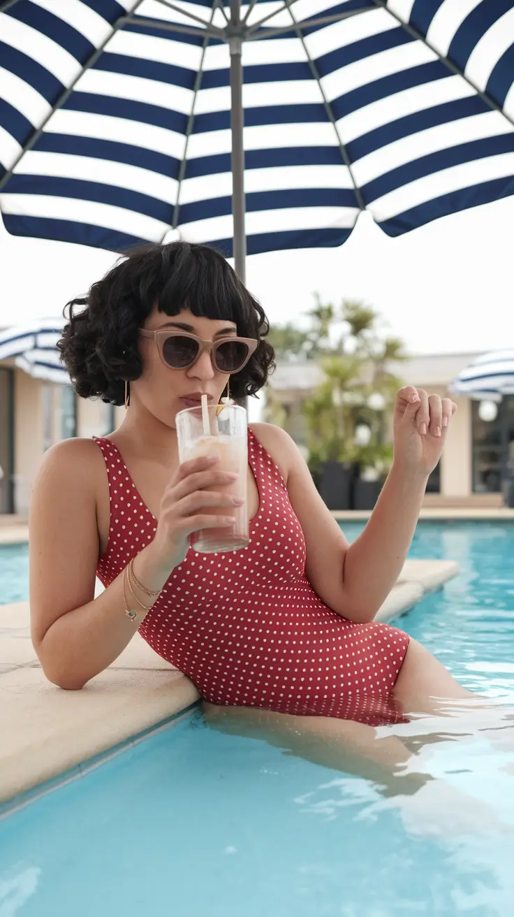 vacation hairstyles summer Retro Poolside Bob with Bangs