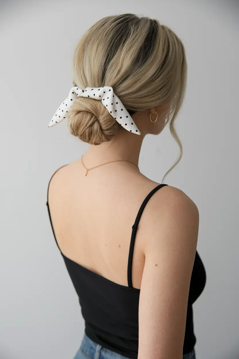 vacation hairstyles summer Low Bun Tied with a Polka Dot Scarf