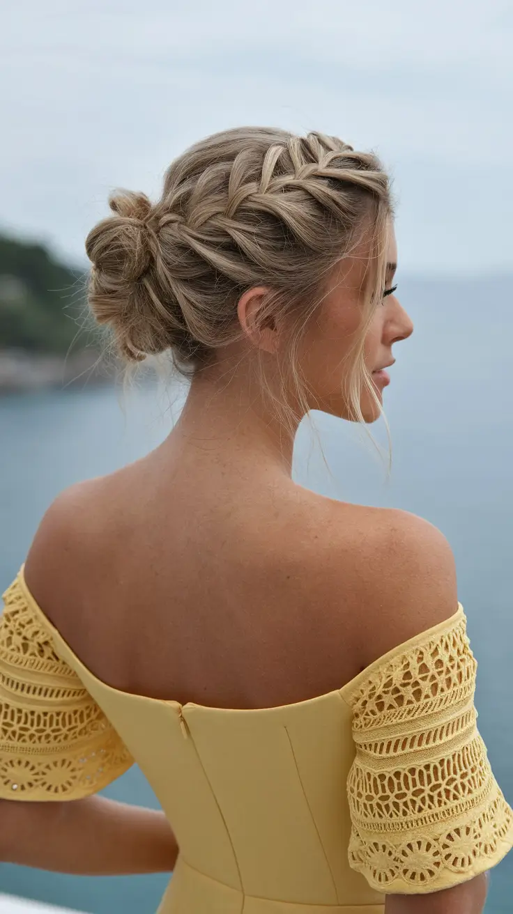 vacation hairstyles summer Romantic Braided Crown with Loose Low Bun