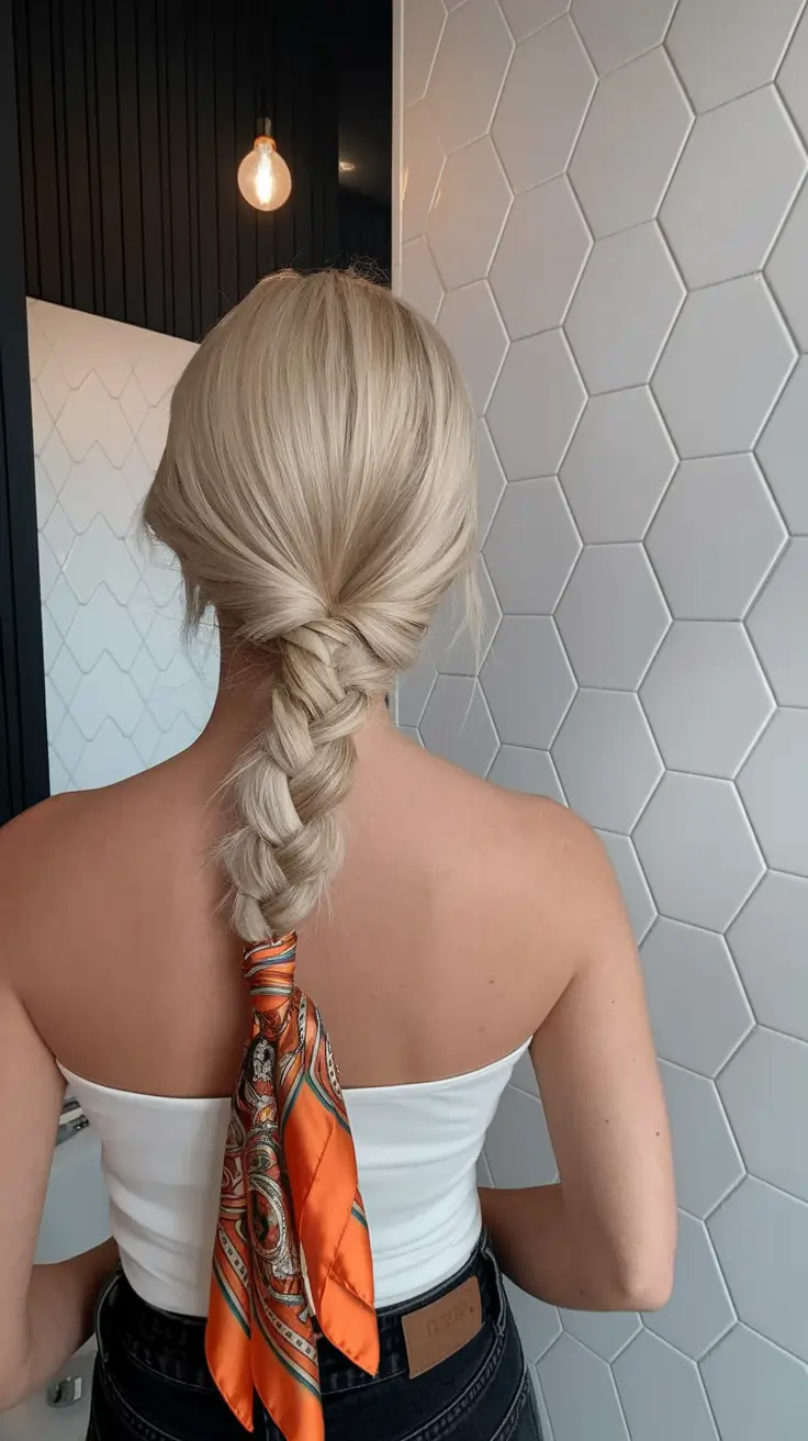 vacation hairstyles summer Textured Braid with a Bold Silk Wrap
