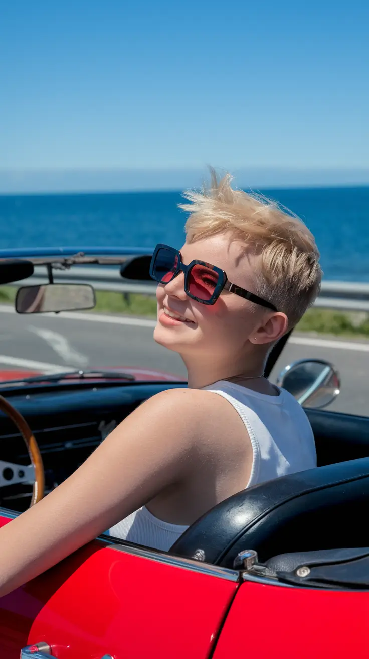 vacation hairstyles summer Platinum Pixie by the Coastline