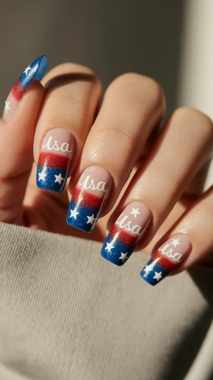 patriotic nails design Sparkle-Tipped Freedom with a French Twist