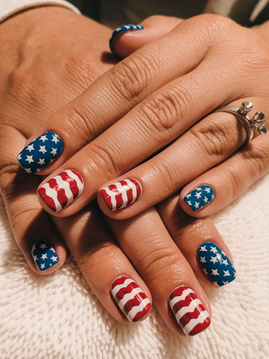 patriotic nails design Wavy Stripes and Starry Nights