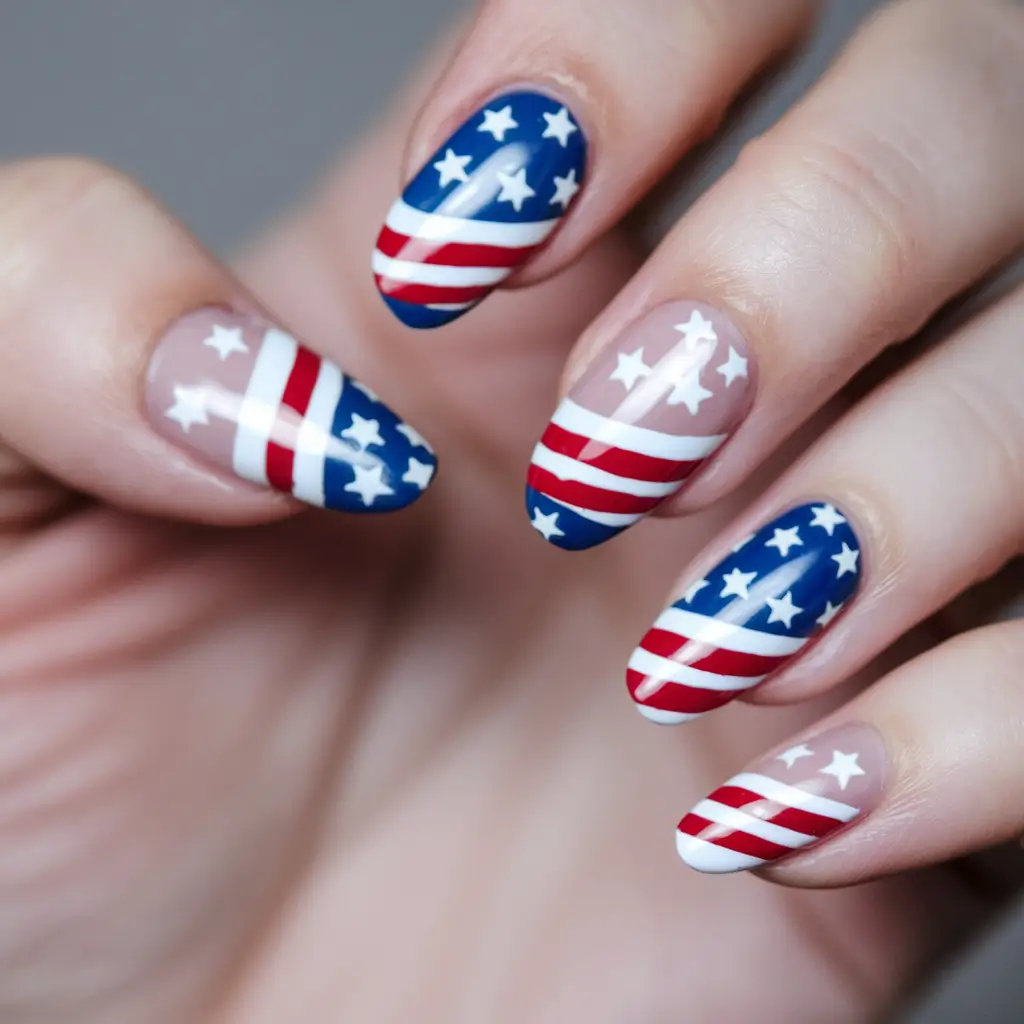 patriotic nails design Diagonal Star Bands on Almond Tips
