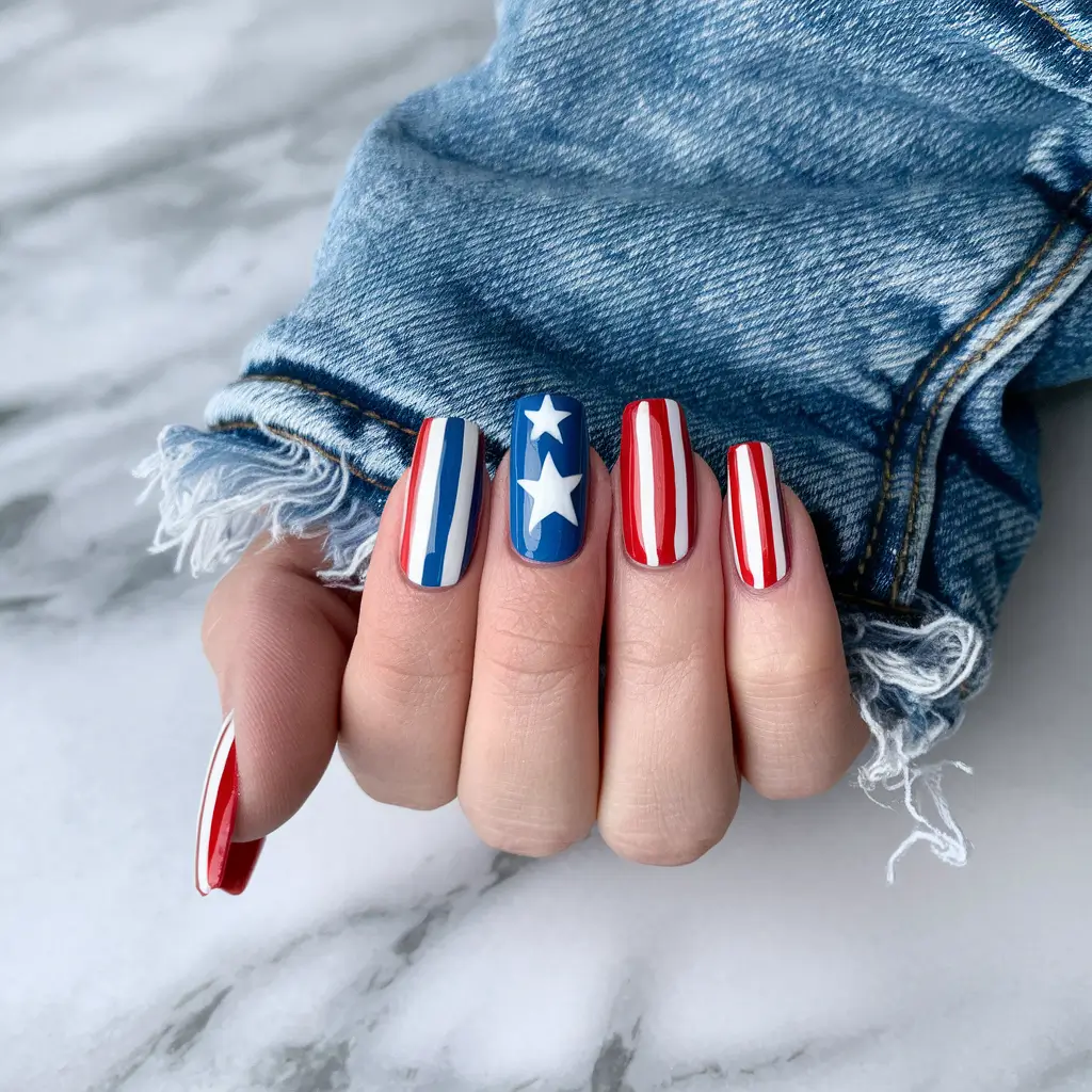 patriotic nails design Denim Vibes and Center Star Power