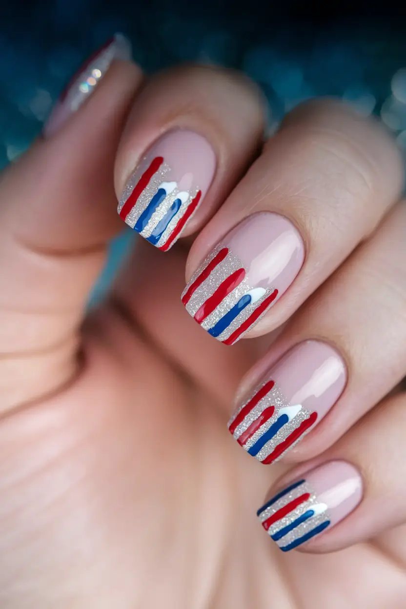 patriotic nails design Red, White & Sparkle Rain