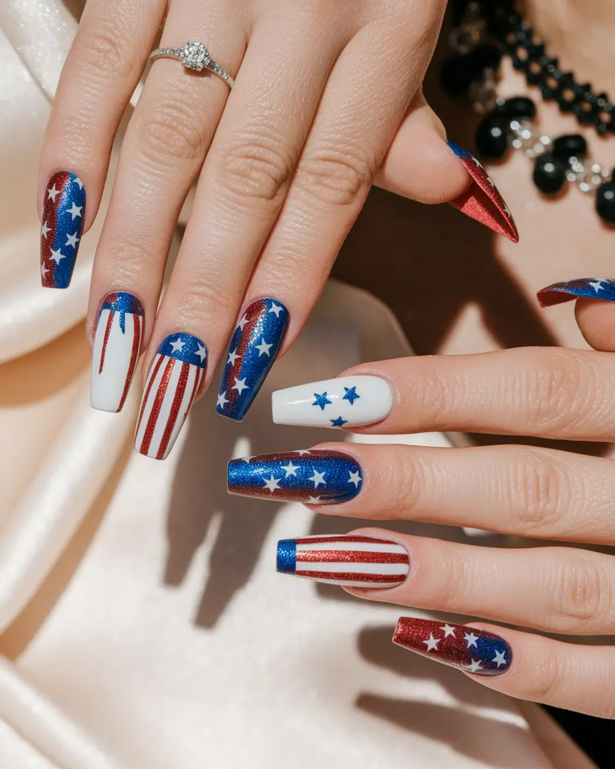 patriotic nails design Foiled Drama and Chrome Spark