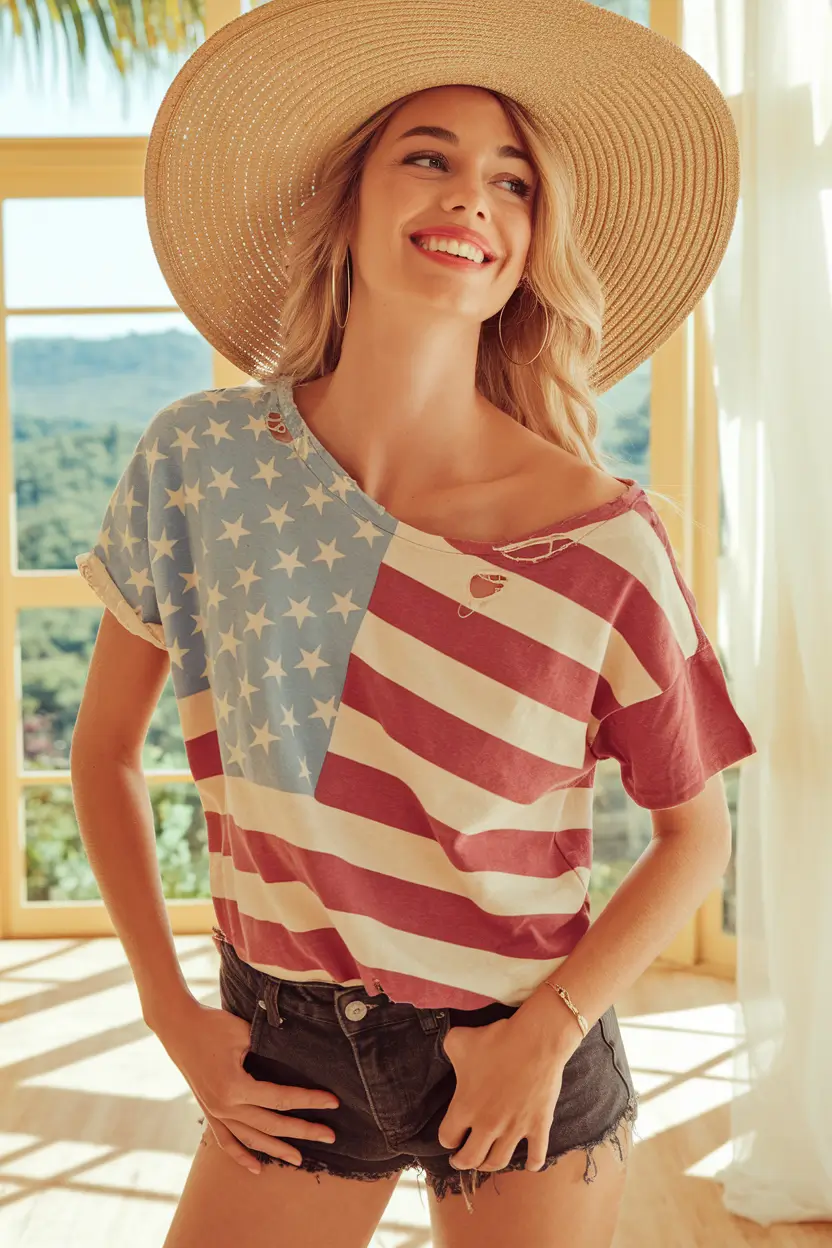 4th of July 2025 Outfits That Sparkle Sun-Kissed in a Flag Tee & Straw Hat