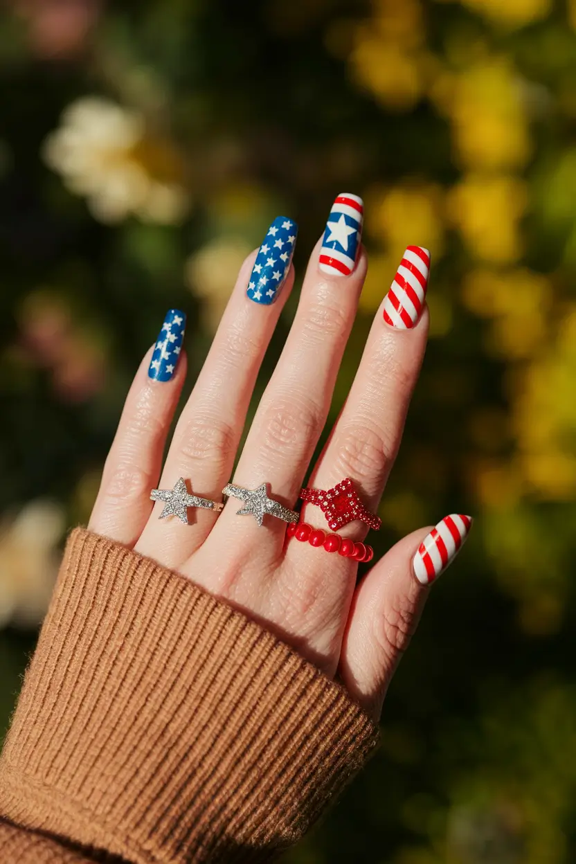 patriotic nails design Patchwork Stars & Painted Blooms