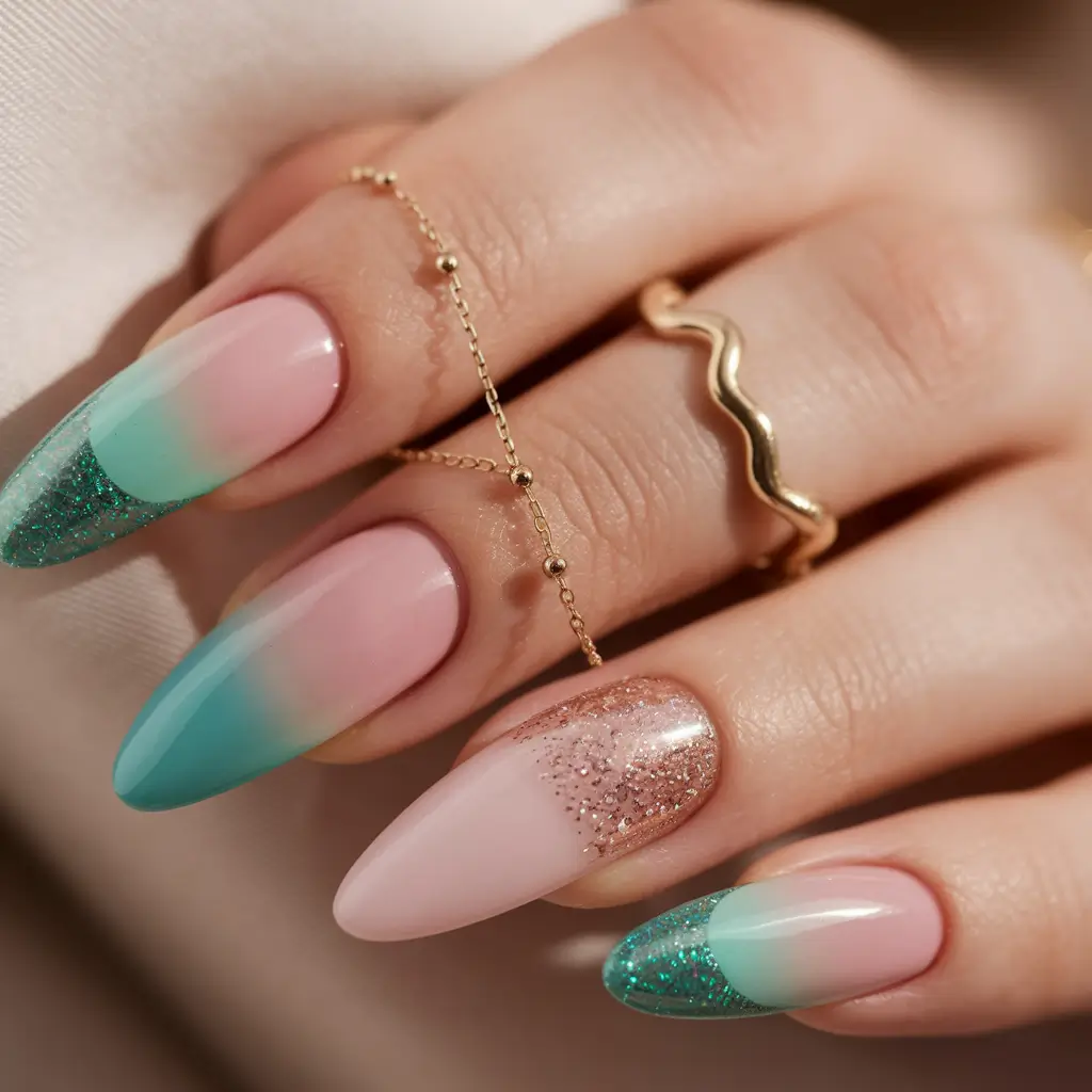 almond nails summer+Cotton Candy Fade with Glitter Tuxedo