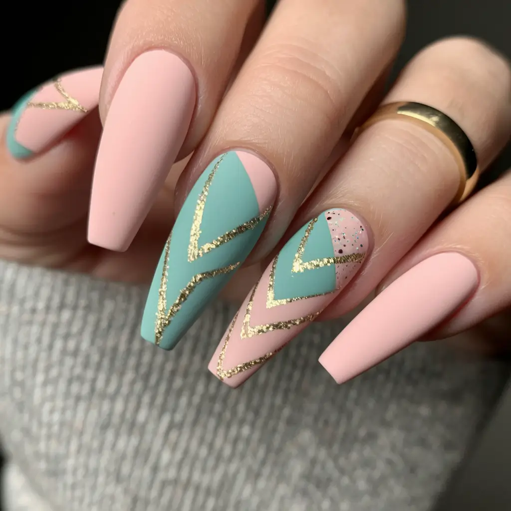 almond nails summer Pastel Geometry with Gold Accents