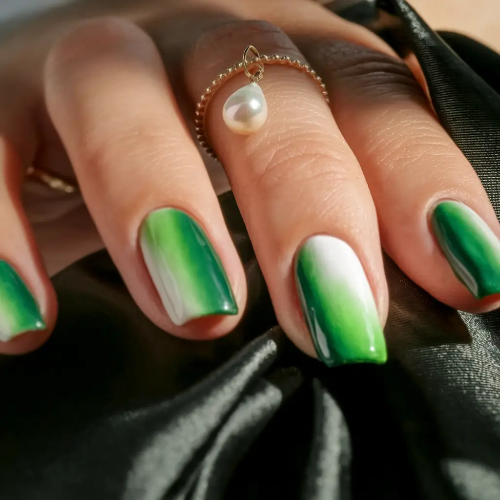 almond nails summer Ombre Greens with Pearl Detail