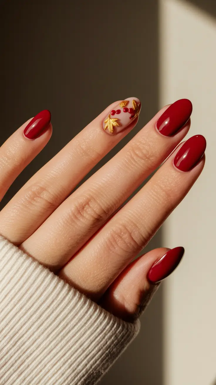 almond nails summer Classic Red Almond with Golden Leaves