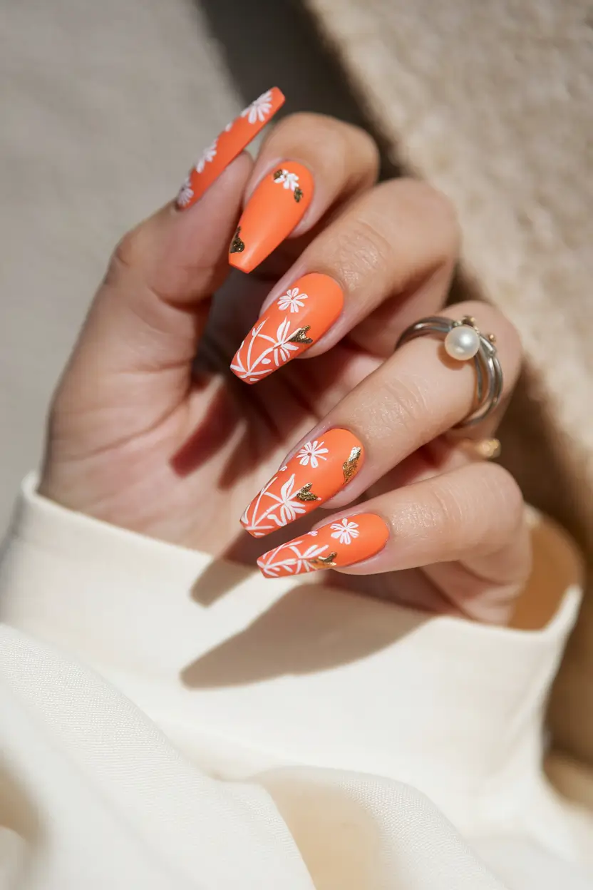 almond nails summer orange Orange Blossoms on Matte