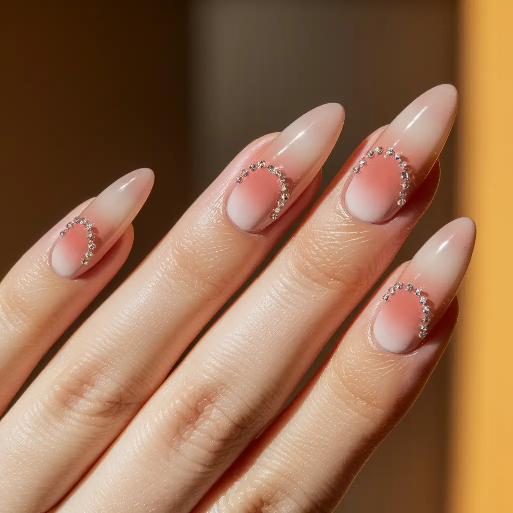 almond nails summer Crystal Cuticles and Coral Fade