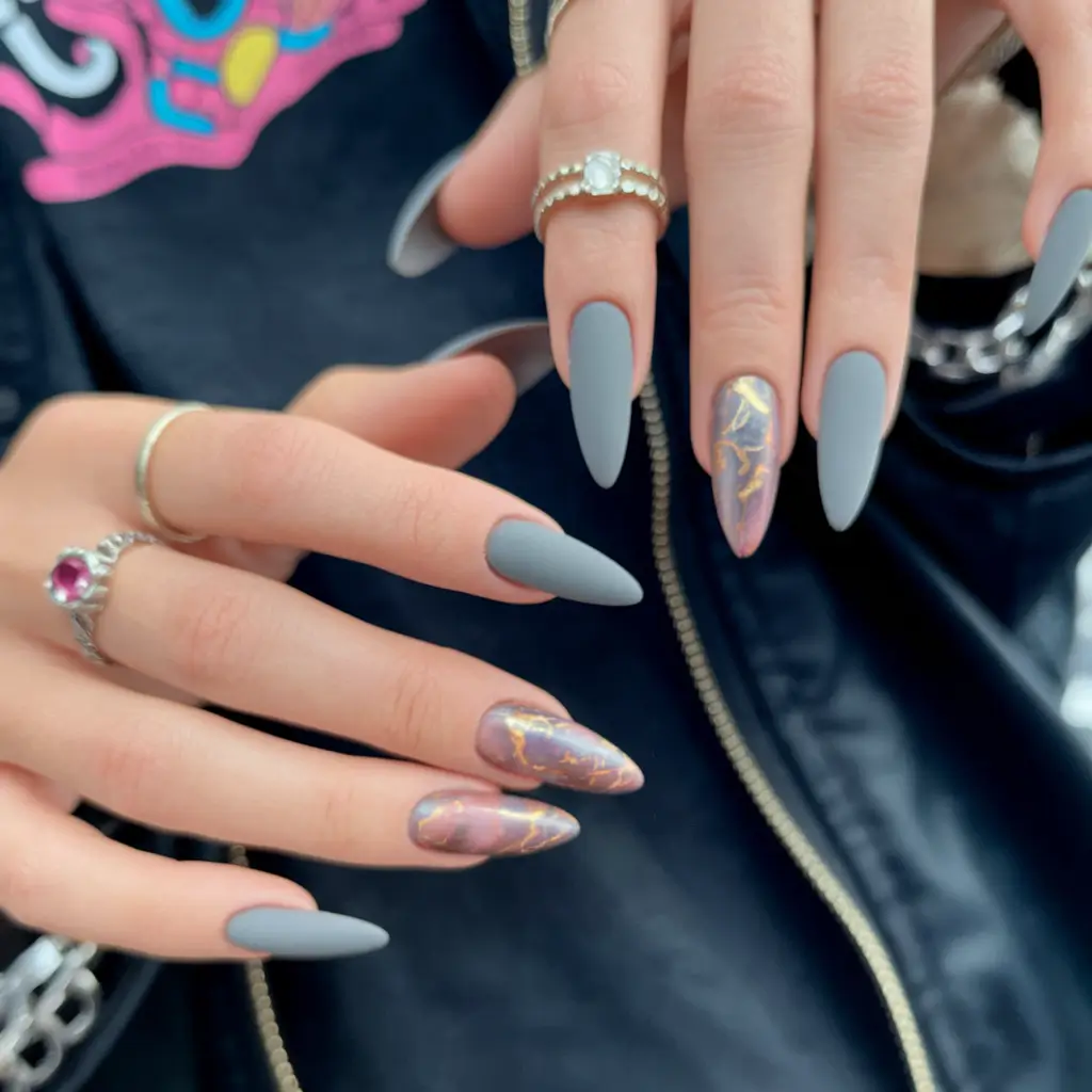 almond nails summer short Gray Cloud Matte Meets Marbled Tips