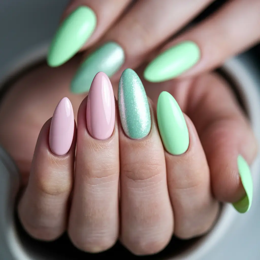 almond nails summer colors Mint and Pink Summer Pop