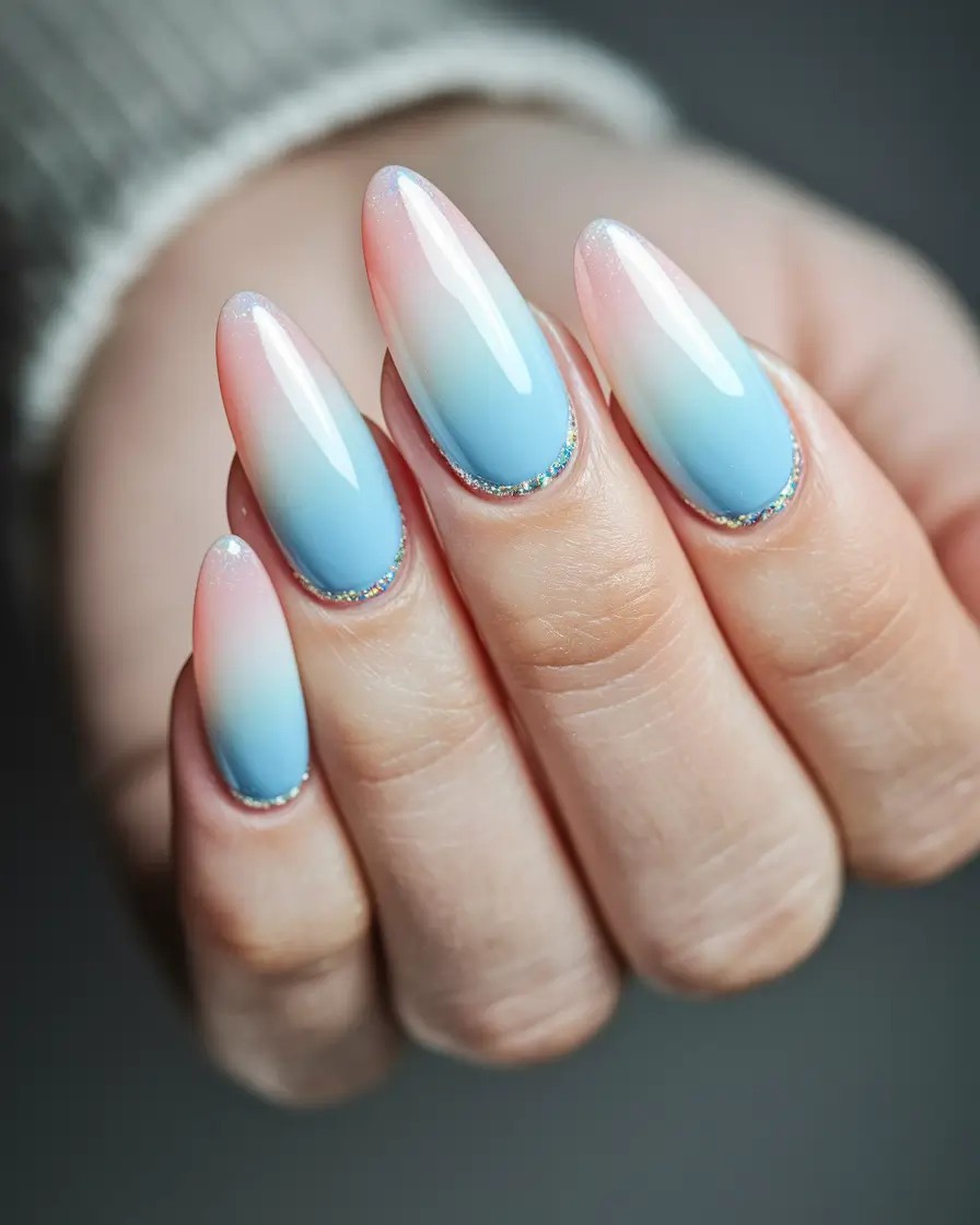 almond nails summer+Glazed Ocean Fade with Glitter Base