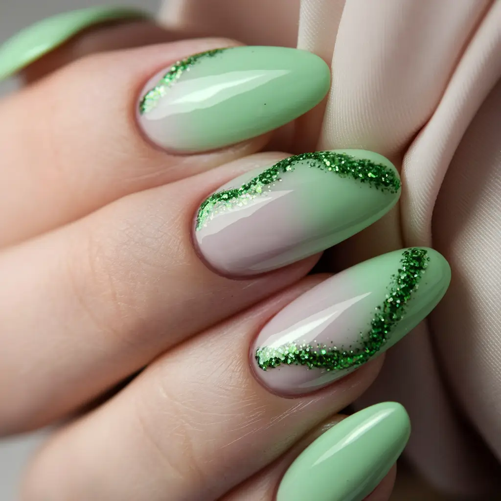 almond nails summer+Minty Green Swoosh with Glitter Drama