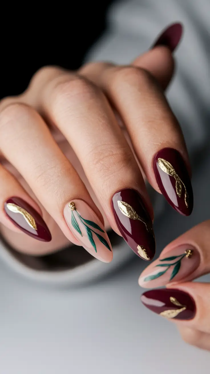 almond nails summer+Cabernet Leaves with Gold Foil Accents