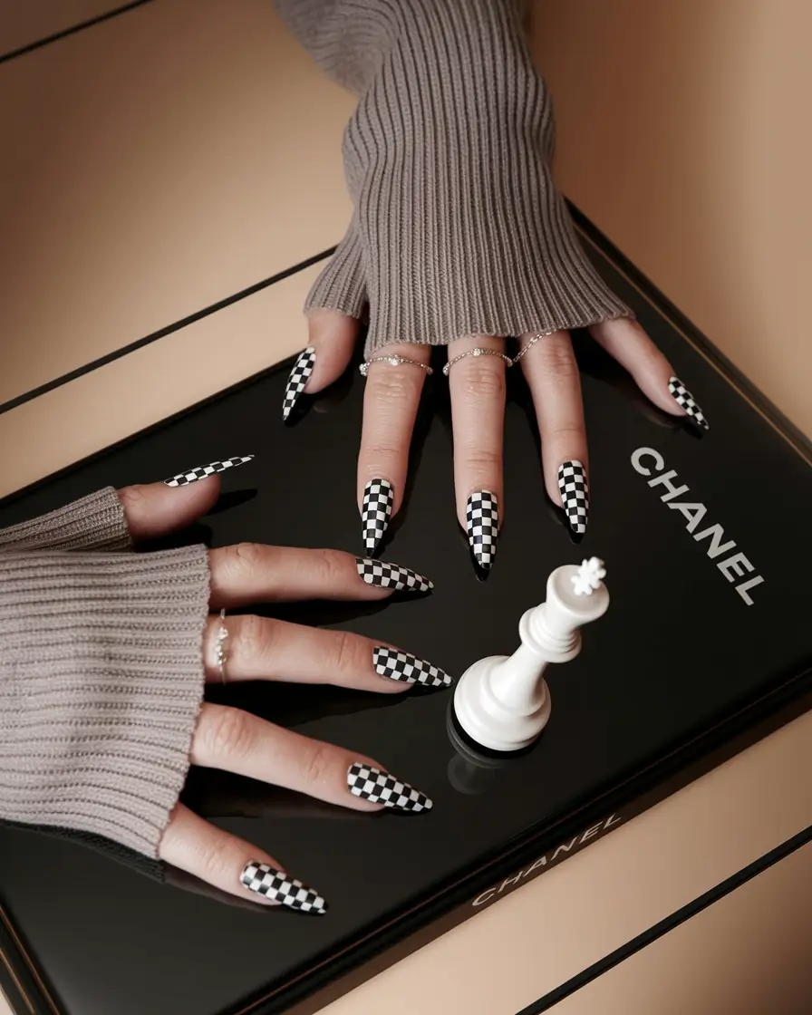 basic summer nails ideas 2025 Checkered Monochrome for Sharp Summer Moves