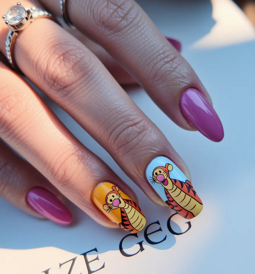 basic summer nails ideas 2025 Cartoon Tigger Charm for a Summer Smile
