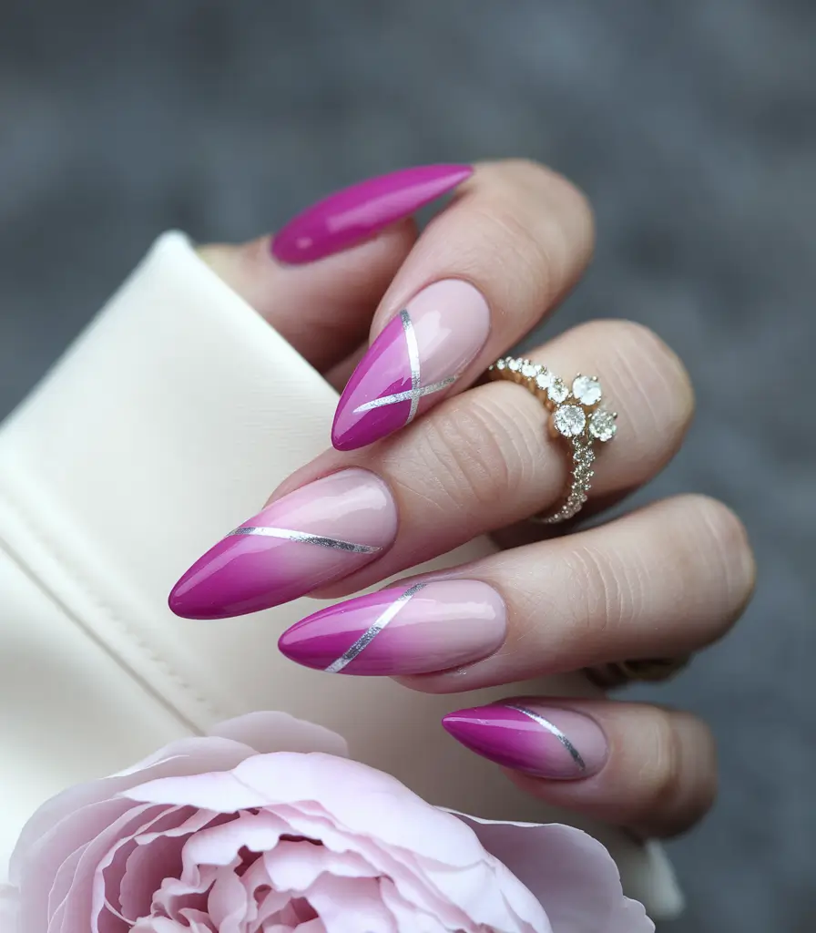basic summer nails ideas 2025 Sleek Fuchsia and Silver Summer Lining