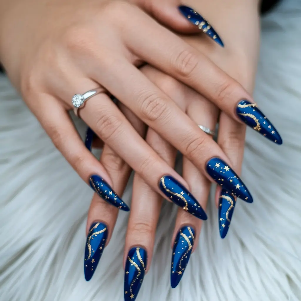 basic summer nails ideas Midnight Blue with Celestial Accents