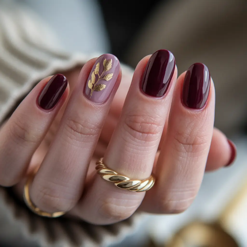 basic summer nails ideas Classic Wine with a Golden Botanical Accent