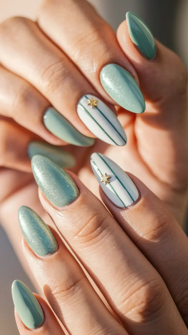 beach nails summer simple Mermaid Green with Nautical Stripe Accents