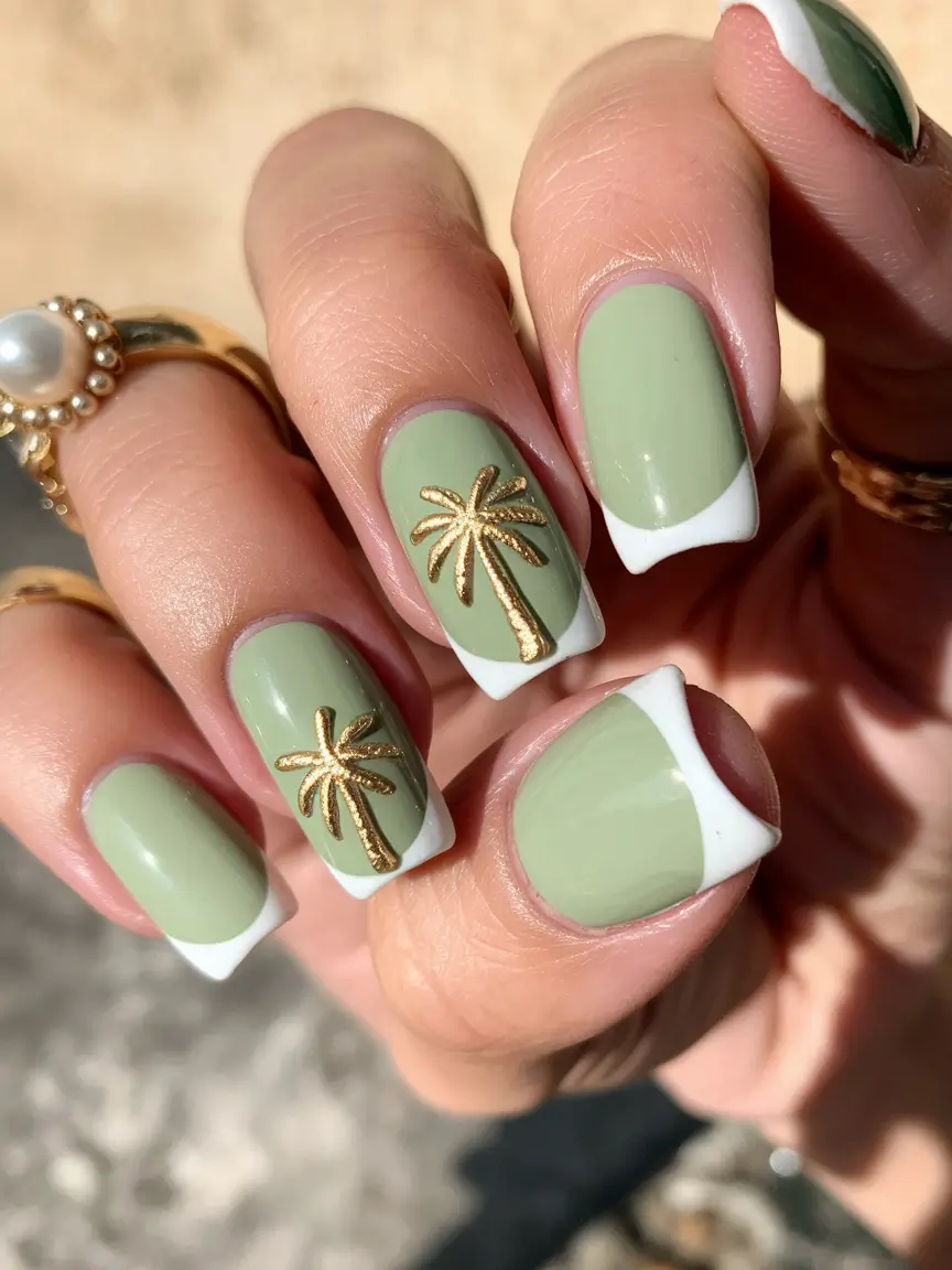 beach nails summer French tip Palm Chic on Soft Green French Tips