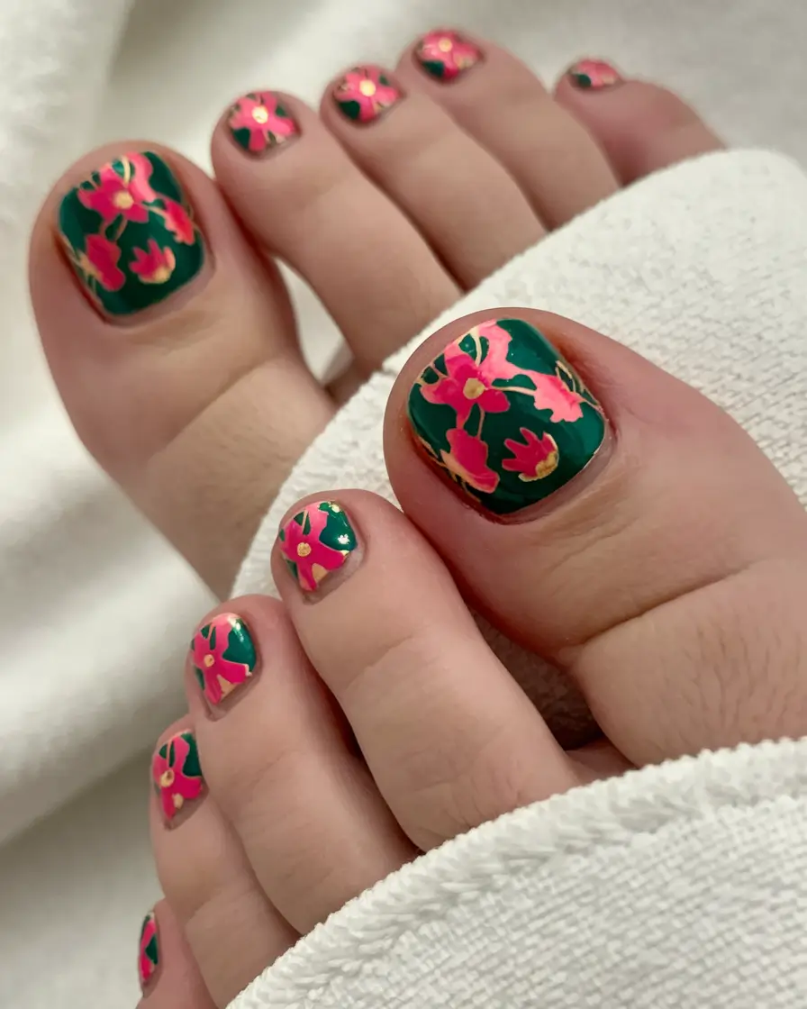 beach toe nails ideas Bold Tropic Leaf with Fiery Coral