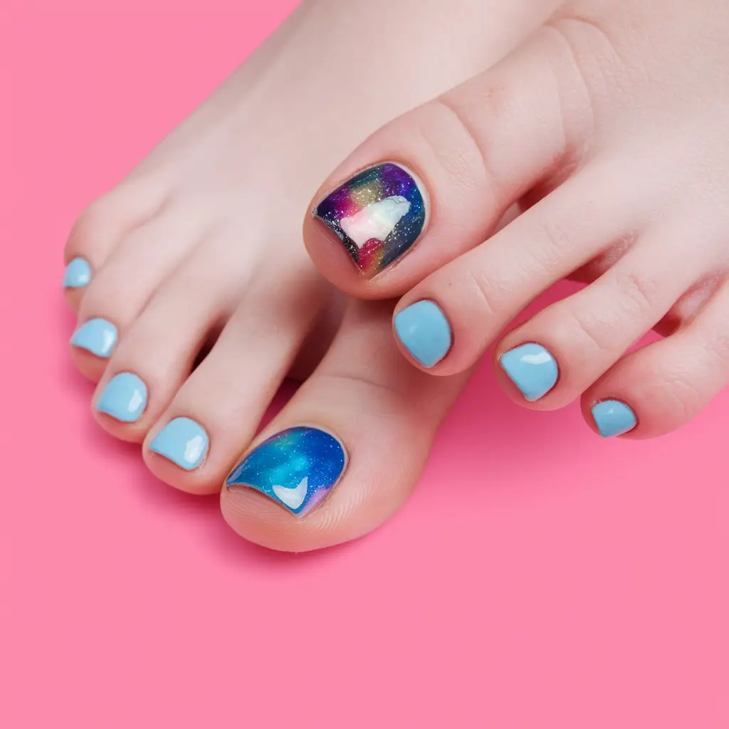 beach toe nails vacation tropical summer Pastel Galaxy Fade with Sky Blue Accents